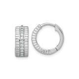 Sterling Silver Hoop Earrings with Cubic Zirconia, Ribbed Design, Rhodium Plated Finish