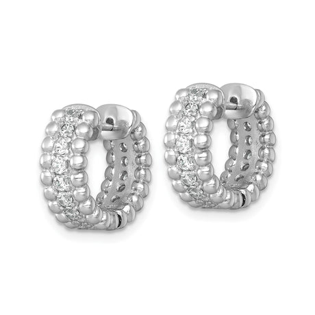 Sterling Silver Hoop Earrings with Cubic Zirconia Channel Setting, Polished Beaded Texture