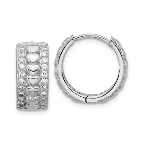 Sterling Silver Heart Hoop Earrings with Cubic Zirconia Accents, Rhodium Plated