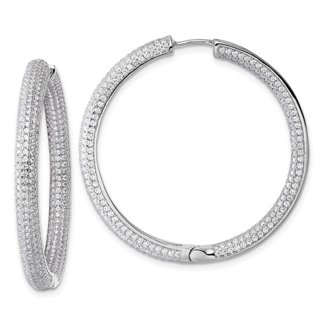 Sterling Silver Hoop Earrings with Triple Row Pavé Cubic Zirconia, Rhodium Plated Latch Closure