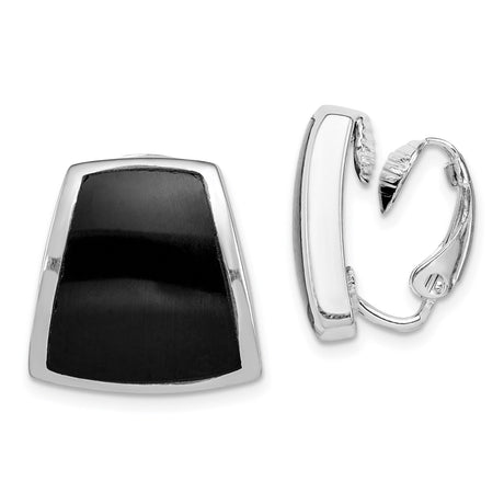 Sterling Silver Mens Clip-On Earrings with Black Onyx Inlay, Trapezoid Shape Ear Clips, Non-Pierced Bold Design, Modern Geometric Jewelry for Everyday Wear or Formal Fashion Looks