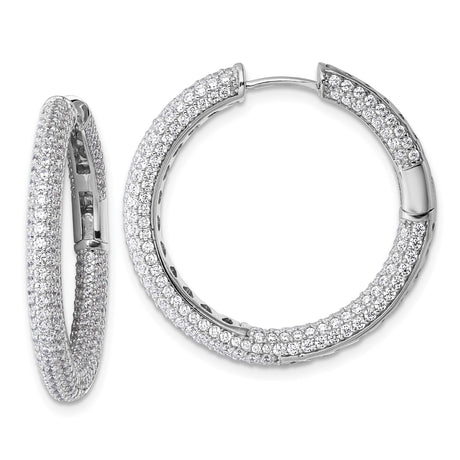 Sterling Silver Hoop Earrings with Triple Row Cubic Zirconia Pavé, Rhodium Plated Fashion Style