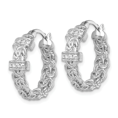 Sterling Silver Hoop Earrings with Cubic Zirconia, Braided Rope Design, Rhodium Plated