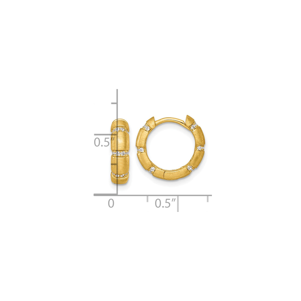 Sterling Silver Hoop Earrings with Cubic Zirconia, Gold-Plated Bamboo Style, Geometric Textured Design