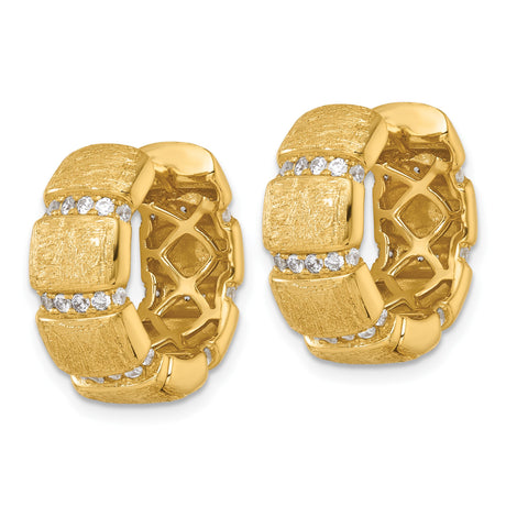 Sterling Silver Hoop Earrings with Cubic Zirconia, Gold Plated Bamboo Style, Textured Finish