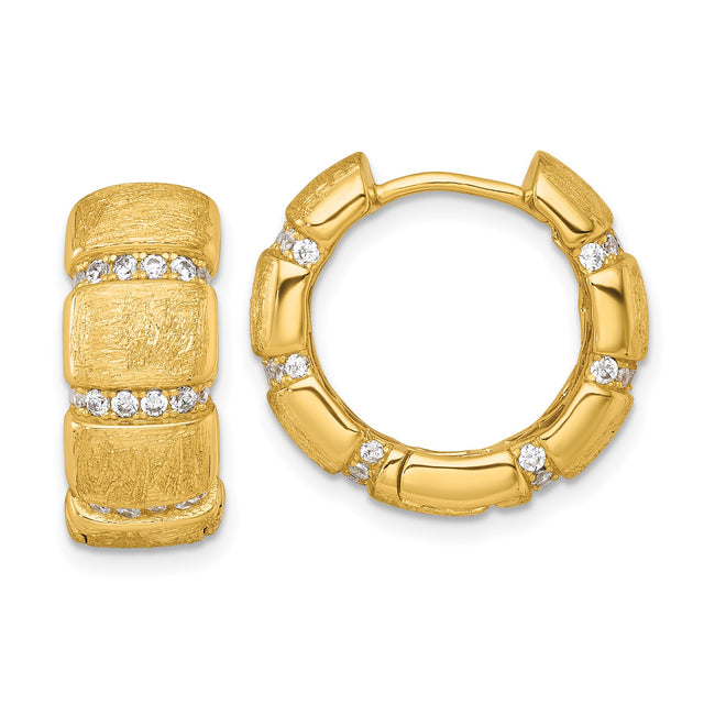 Sterling Silver Hoop Earrings with Cubic Zirconia, Gold Plated Bamboo Style, Textured Finish