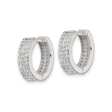 Sterling Silver Hoop Earrings with Triple Row Cubic Zirconia in Pavé Setting, Huggie Style