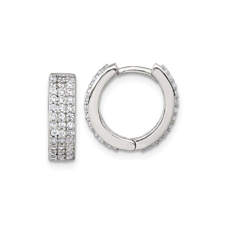 Sterling Silver Hoop Earrings with Triple Row Cubic Zirconia in Pavé Setting, Huggie Style