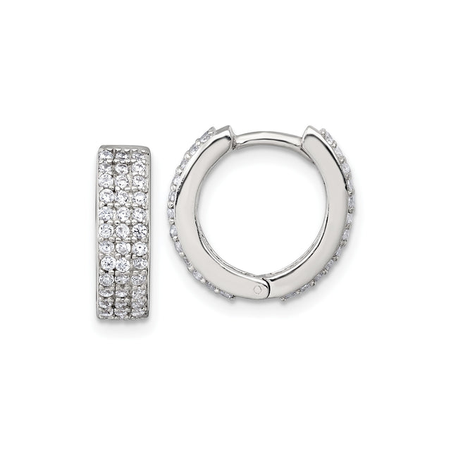 Sterling Silver Hoop Earrings with Triple Row Cubic Zirconia in Pavé Setting, Huggie Style