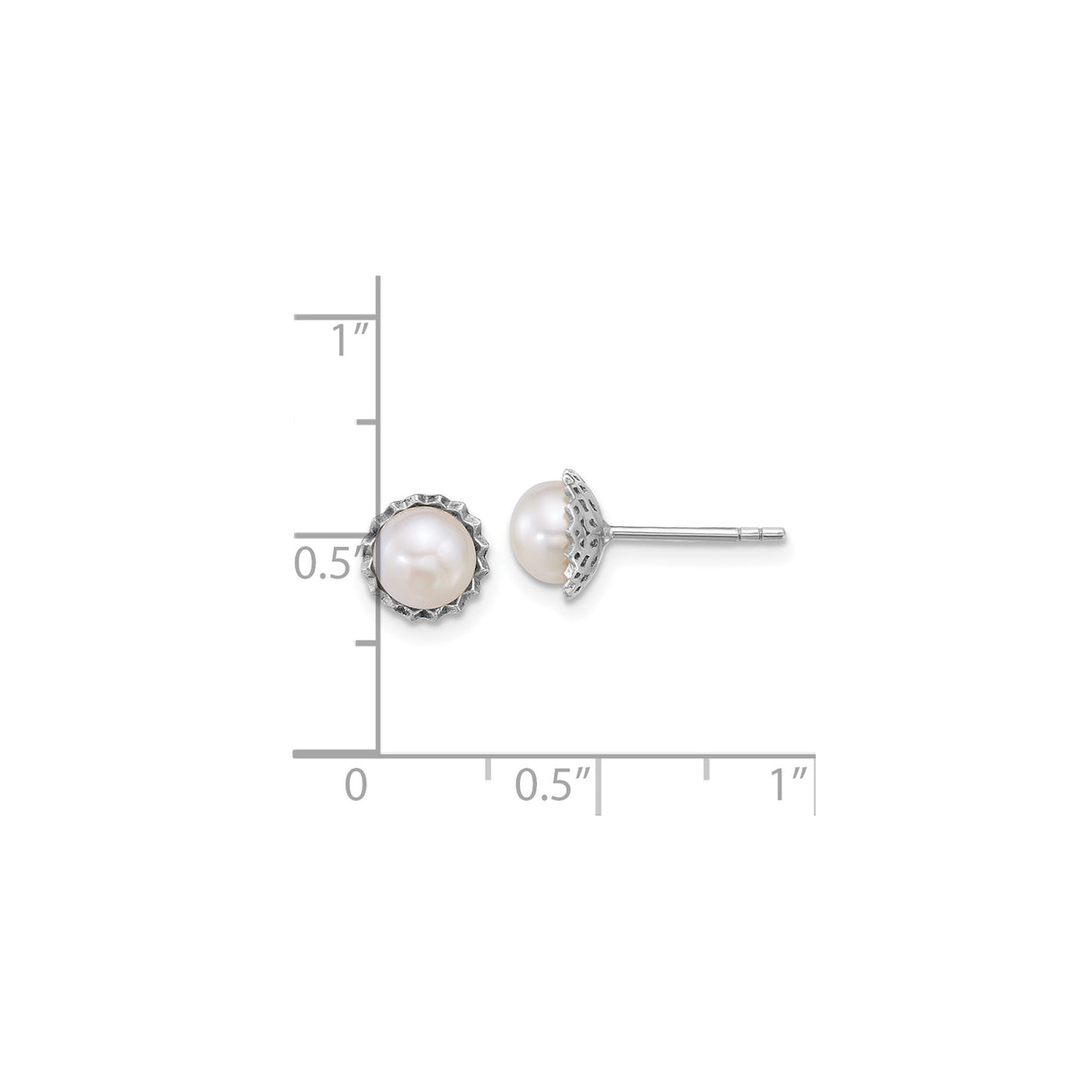 Sterling Silver Pearl Stud Earrings with White Freshwater Pearls, Scalloped Bezel Setting