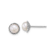 Sterling Silver Pearl Stud Earrings with White Freshwater Pearls, Scalloped Bezel Setting