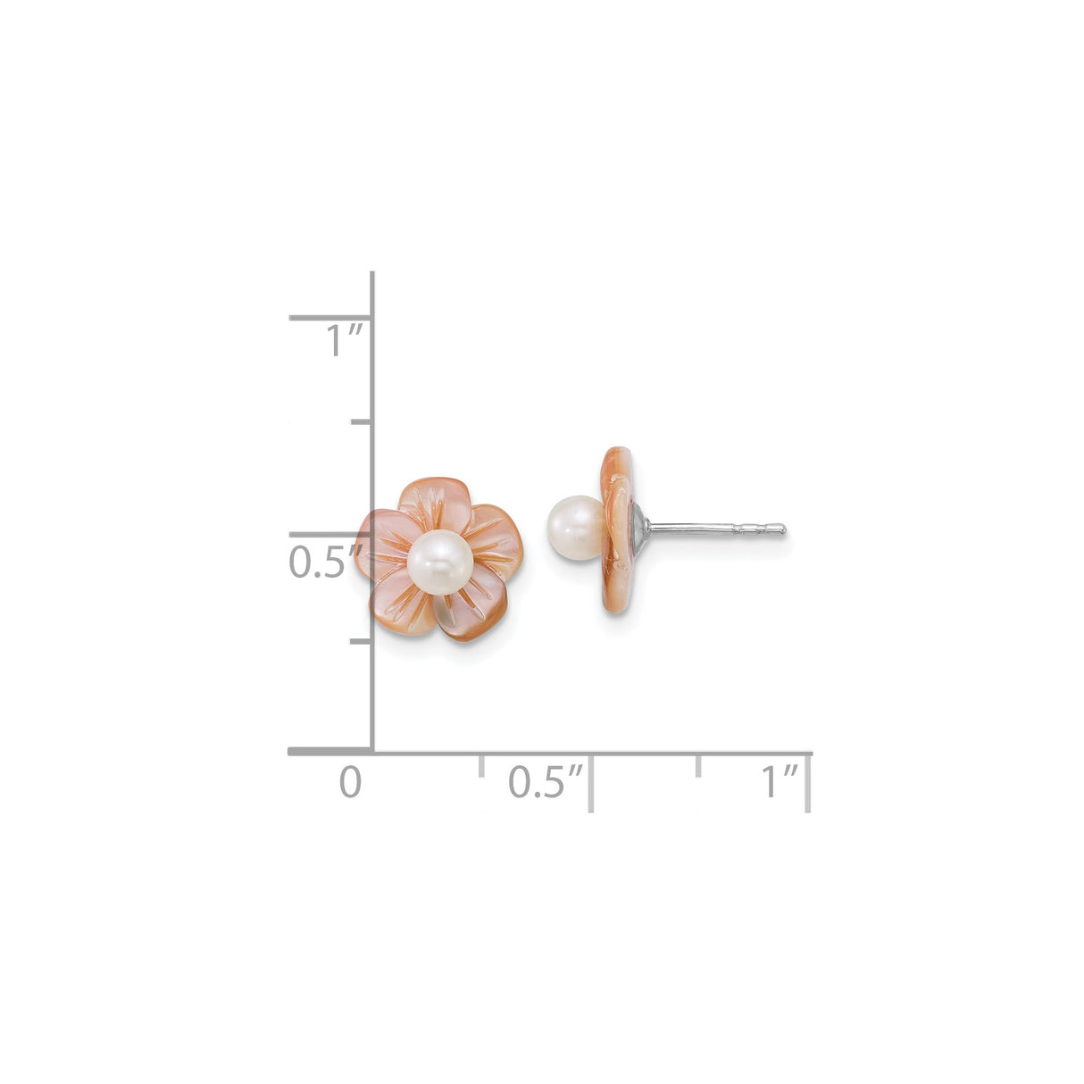 Sterling Silver Stud Earrings with Pink Shell Flowers and White Freshwater Pearls