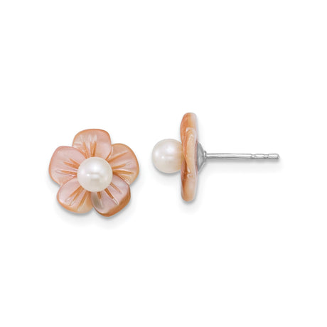 Sterling Silver Stud Earrings with Pink Shell Flowers and White Freshwater Pearls