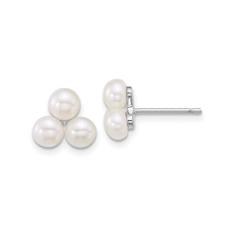 Sterling Silver Stud Earrings with White Freshwater Pearls, Three Pearl Cluster Design, Rhodium Plated Minimalist Bridal Jewelry for Women, Classic Elegant Formal Style for Everyday Wear