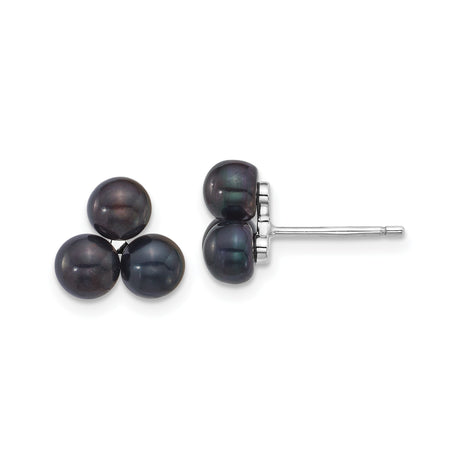 Sterling Silver Stud Earrings with Black Freshwater Pearls, Triangular Cluster Design