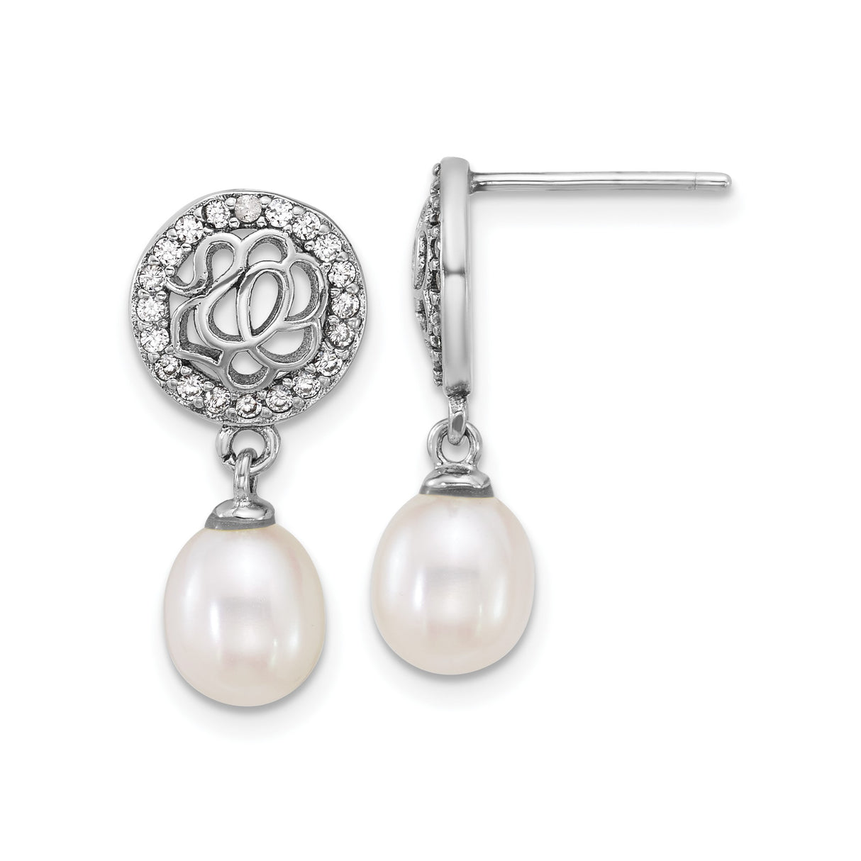 Sterling Silver Drop Earrings with Freshwater Pearl and Cubic Zirconia, Floral Openwork Design
