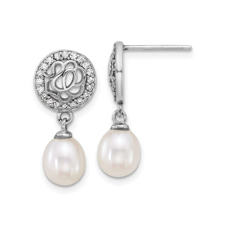 Sterling Silver Drop Earrings with Freshwater Pearl and Cubic Zirconia, Floral Openwork Design