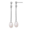 Sterling Silver Drop Earrings with White Freshwater Pearls, Box Chain Dangles, Rhodium Plated