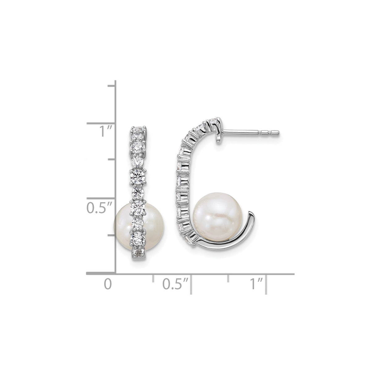 Sterling Silver Drop Earrings with White Cultured Pearl and Cubic Zirconia in Curved Setting