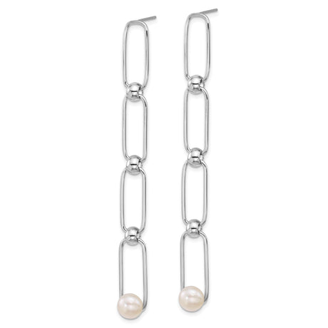 Sterling Silver Dangle Earrings with Cultured Freshwater Pearls, Asymmetric Chain Link Design