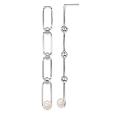 Sterling Silver Dangle Earrings with Cultured Freshwater Pearls, Asymmetric Chain Link Design