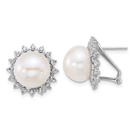 Sterling Silver Pearl Stud Earrings with Cubic Zirconia Halo, Bridal and Anniversary Style