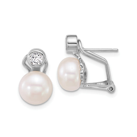 Sterling Silver Pearl Stud Earrings with Cubic Zirconia Accents, Rhodium Plated Bridal Jewelry
