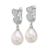 Sterling Silver Drop Earrings with White Pearl and Heart Motifs, Cubic Zirconia Accents