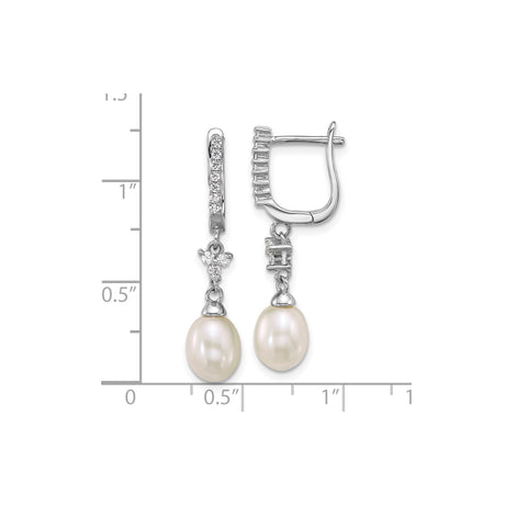 Sterling Silver Dangle Earrings with White Freshwater Cultured Pearls and Cubic Zirconia Accents