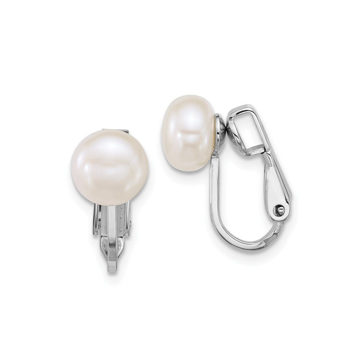 Sterling Silver Clip-On Earrings with White Freshwater Cultured Pearls, Rhodium Plated Button Style for Non-Pierced Ears, Classic Elegant Bridal Jewelry for Women, Formal or Everyday Wear
