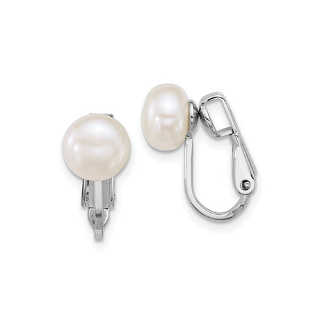 Sterling Silver Clip-On Earrings with White Freshwater Cultured Pearls, Rhodium Plated Button Style for Non-Pierced Ears, Classic Elegant Bridal Jewelry for Women, Formal or Everyday Wear