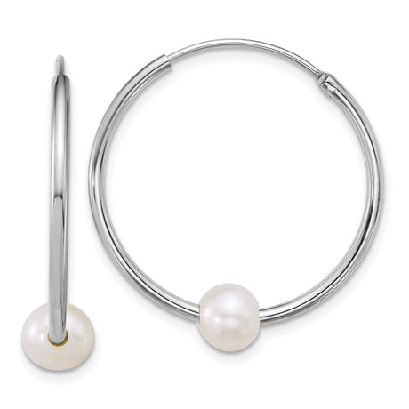 Sterling Silver Hoop Earrings with White Freshwater Pearls, Minimalist 30mm Endless Design