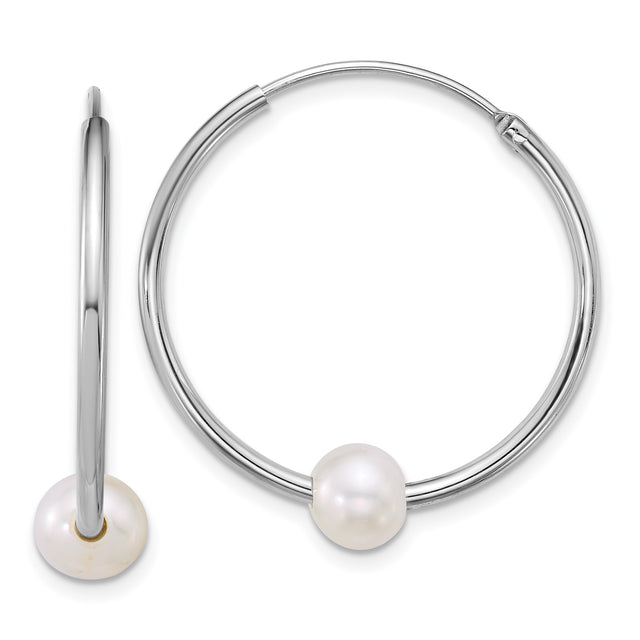 Sterling Silver Hoop Earrings with White Freshwater Pearls, Minimalist 30mm Endless Design