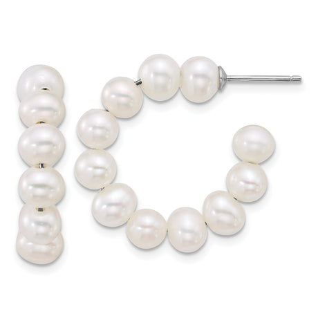 Sterling Silver Hoop Earrings with White Freshwater Cultured Pearls, Rhodium Plated