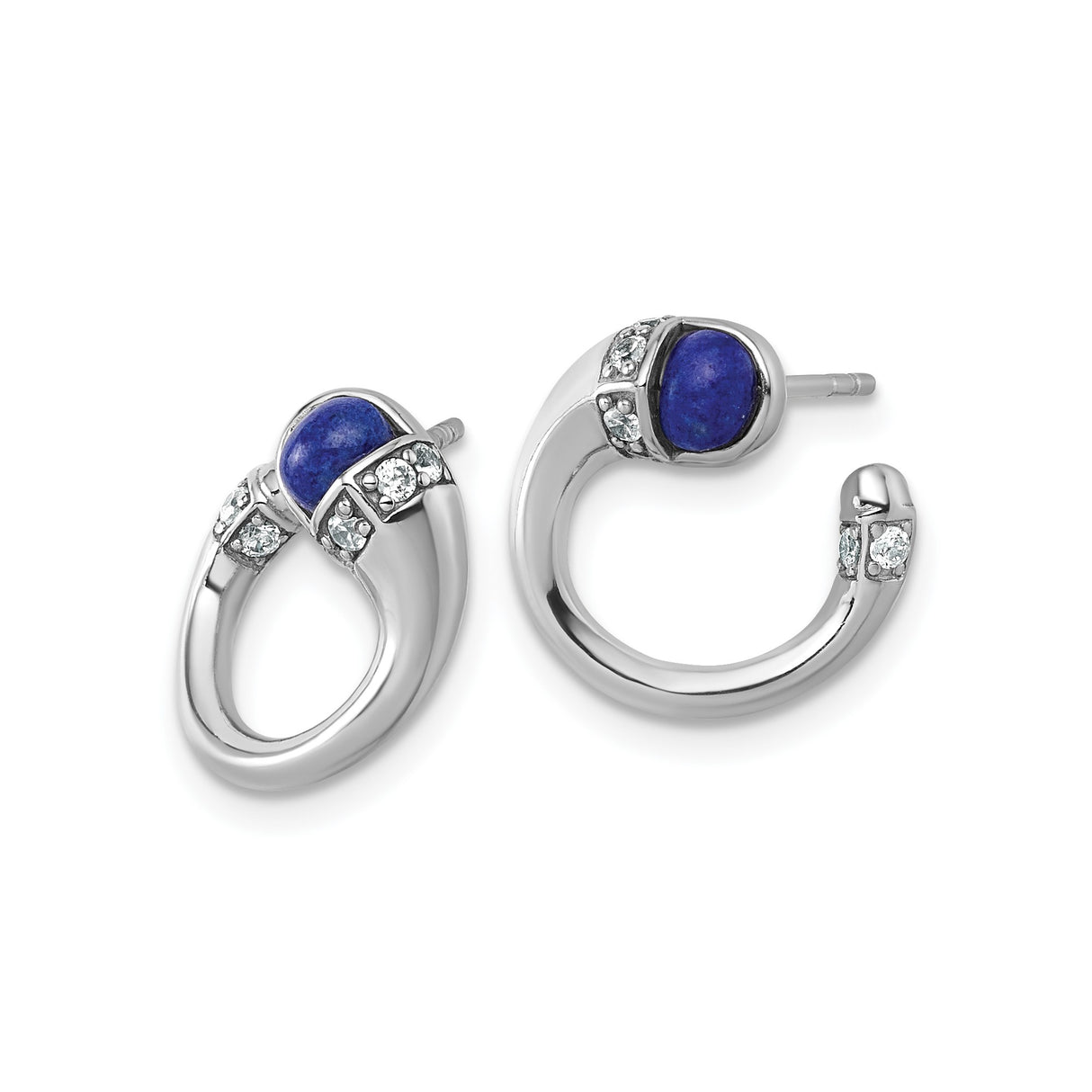 Sterling Silver Hoop Earrings with Lapis Inlay and Cubic Zirconia Accents, Modern Minimalist Design