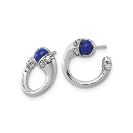 Sterling Silver Hoop Earrings with Lapis Inlay and Cubic Zirconia Accents, Modern Minimalist Design