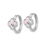 Sterling Silver Hoop Earrings with Mother of Pearl Clover and Cubic Zirconia Accent