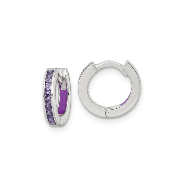 Sterling Silver Hoop Earrings with Channel Set Square Cut Cubic Zirconia, Modern Minimalist Style