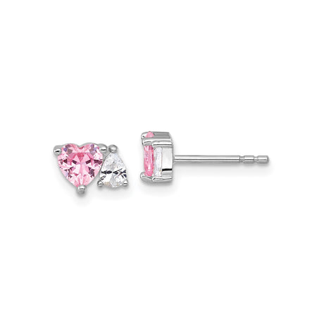 Sterling Silver Stud Earrings with Pink Heart and Clear Pear Cubic Zirconia, Rhodium Plated Romantic Jewelry for Women, Elegant Sparkly Dainty Studs for Valentines Day or Everyday Wear