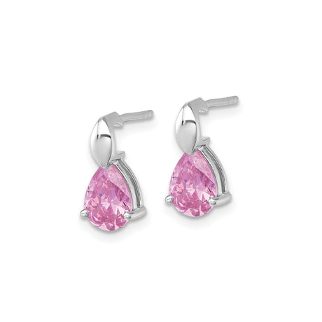 Sterling Silver Teardrop Stud Earrings Rhodium Pink Gems