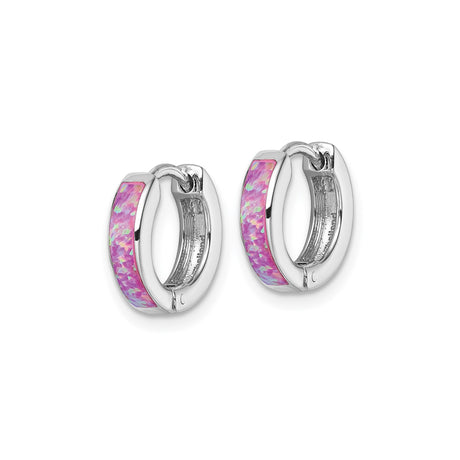 Sterling Silver Hoop Earrings with Pink Created Opal Inlay, Small Huggie Style for Women