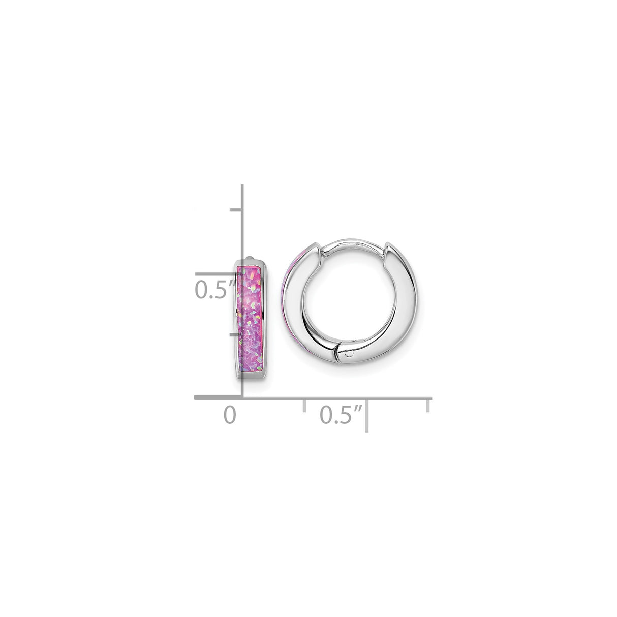 Sterling Silver Hoop Earrings with Pink Created Opal Inlay, Small Huggie Style for Women