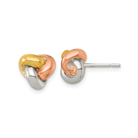 Sterling Silver Tri Color Love Knot Stud Earrings for Women with Interwoven Silver Rose and Yellow Bands, Symbolic Jewelry Representing Eternal Love, Elegant Knot Design, Classic Everyday Studs