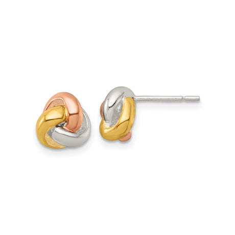 Sterling Silver Tri Color Love Knot Stud Earrings for Women with Interwoven Silver Rose Gold and Yellow Gold Bands, Symbolizing Unity and Elegance, Classic Minimalist Knot Jewelry for Daily Wear