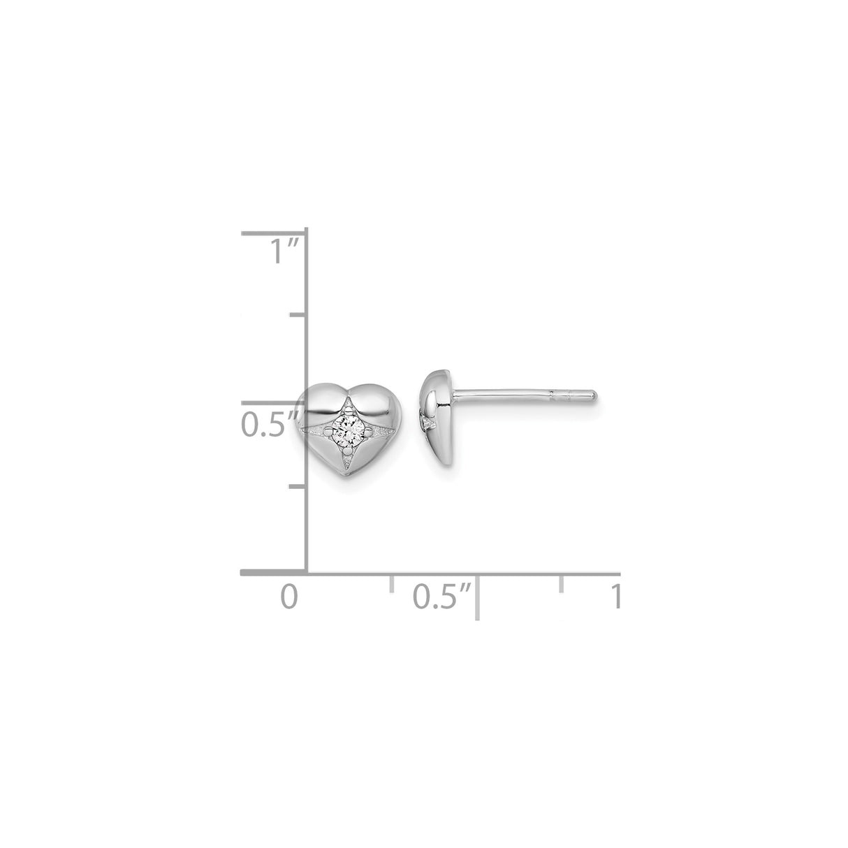 Sterling Silver Heart Stud Earrings with Cubic Zirconia, Starburst Design, Polished Finish