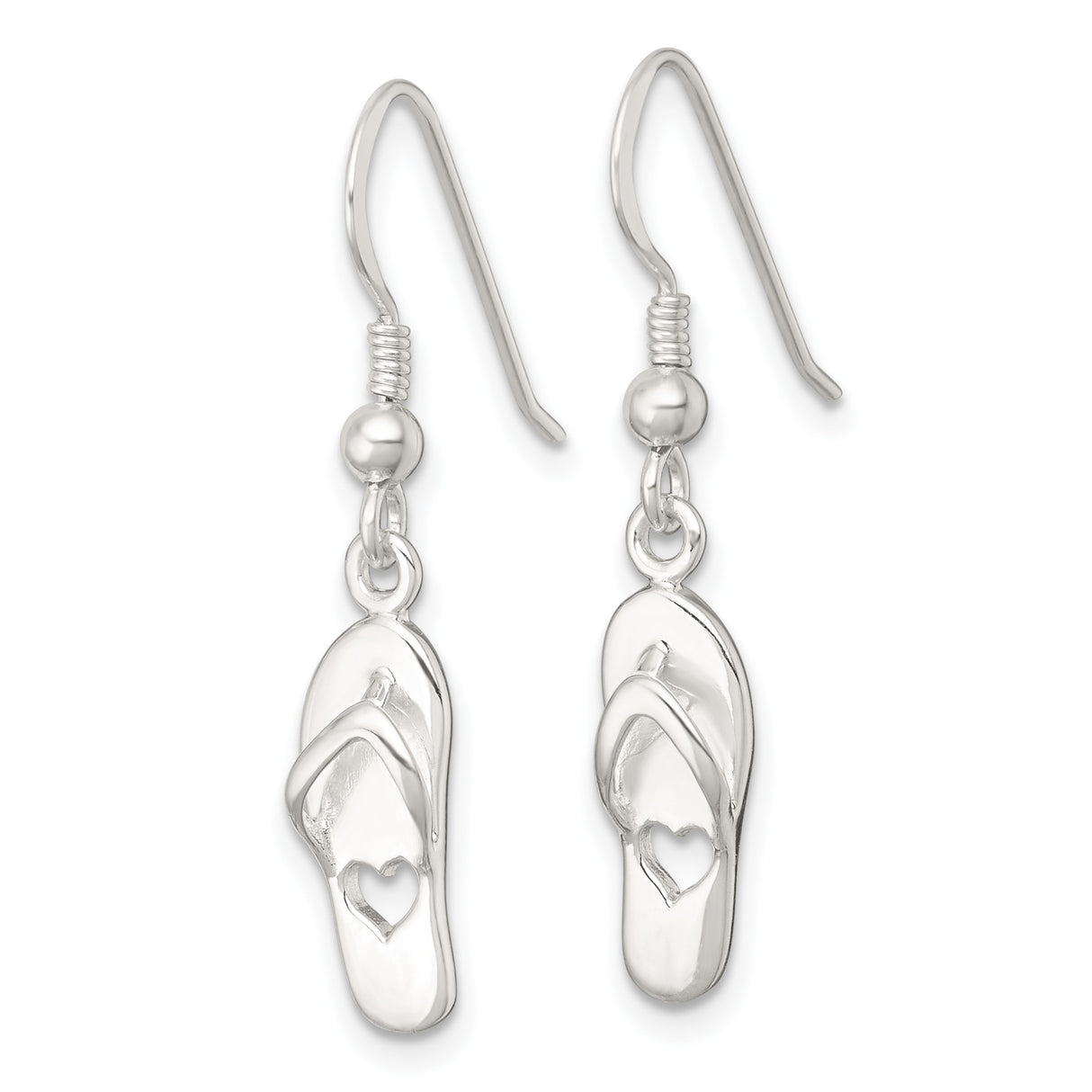 Sterling Silver Flip Flop Dangle Earrings with Cutout Heart Design, Beach Sandal Style for Women