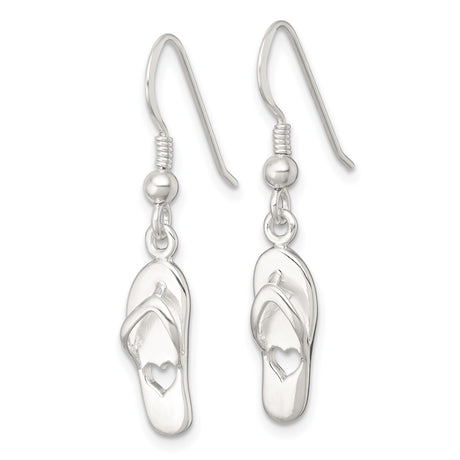 Sterling Silver Flip Flop Dangle Earrings with Cutout Heart Design, Beach Sandal Style for Women