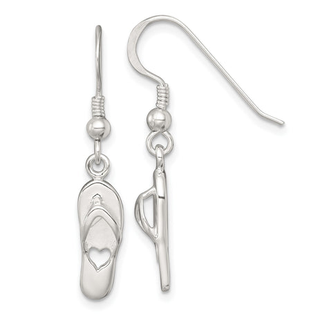 Sterling Silver Flip Flop Dangle Earrings with Cutout Heart Design, Beach Sandal Style for Women