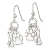 Sterling Silver Dangle Earrings with Cubic Zirconia, Dog Bone and Paw Print Design