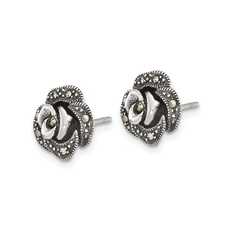 Sterling Silver Rose Stud Earrings with Marcasite Accents, Vintage Floral Design for Women